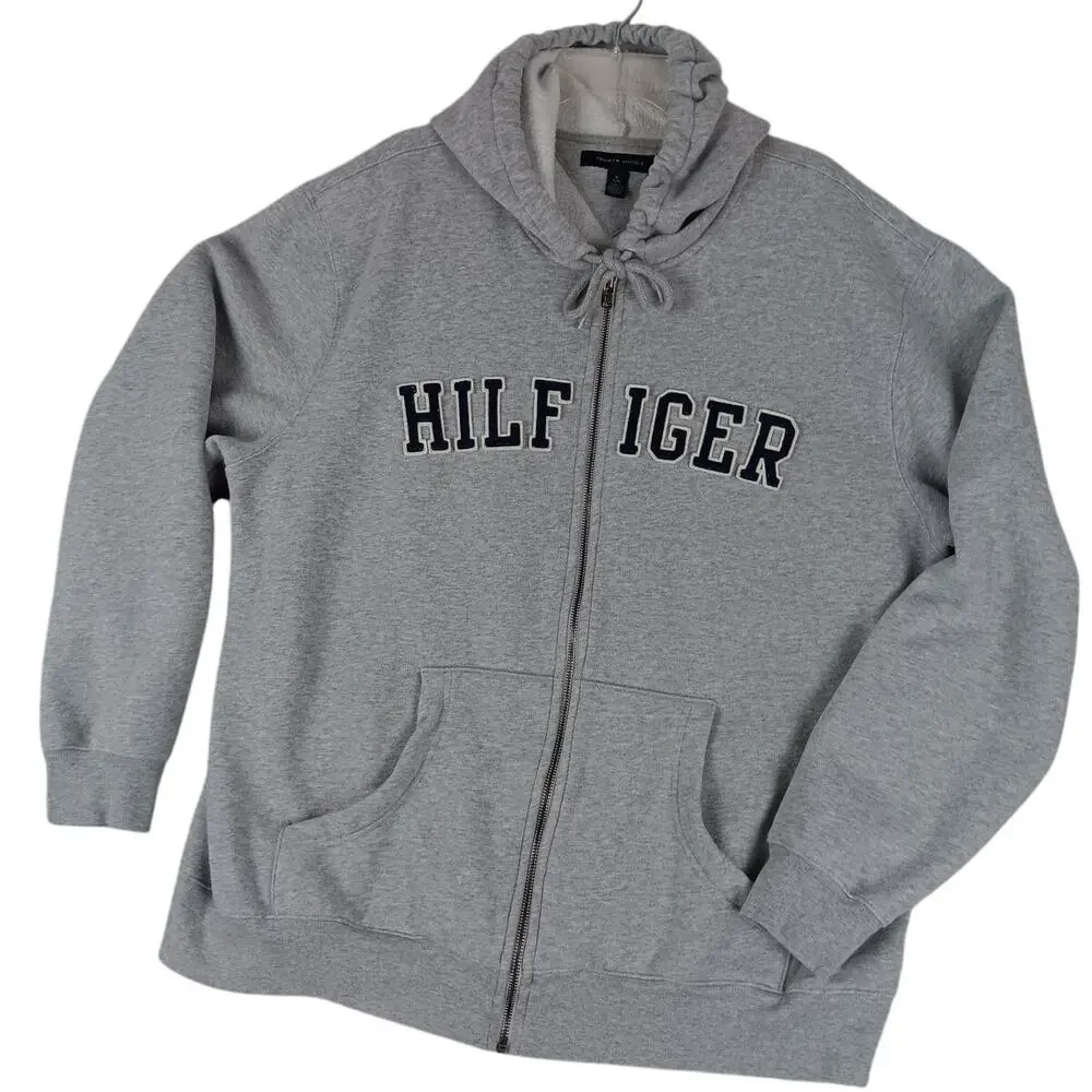 Tommy Hilfiger Hoodie Mens XL Gray Spell Out Zip Drawstring Street Casual Y2K